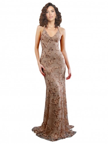 Or rose Sirène Col V Crêpe Stretch Paillette Tulle Longue Formelles Robes demoiselle d'honneur / Robes de soirée / Robes de bal Pas Cher