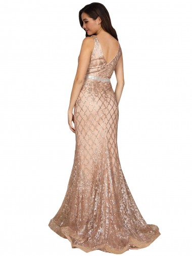 Or rose Sirène Col V Paillette Paillettes Scintillantes Longue Formelles Robes demoiselle d'honneur / Robes de soirée / Robes de bal