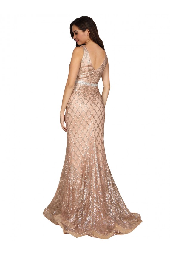 Or rose Sirène Col V Paillette Paillettes Scintillantes Longue Formelles Robes demoiselle d'honneur / Robes de soirée / Robes de bal Pas Cher
