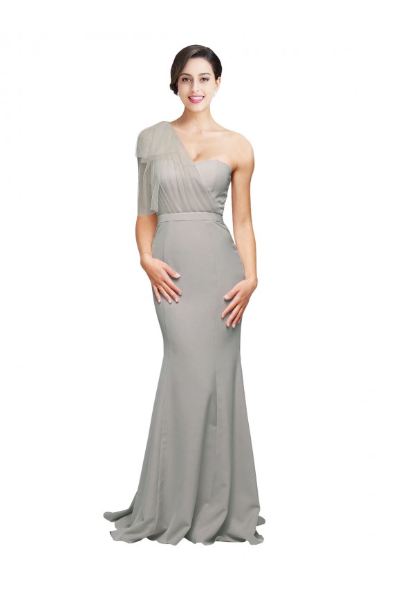 Oyster Argent Sirène Balayage train Crêpe Stretch Tulle Longue Formelles Robes demoiselle d'honneur / Robes de soirée / Robes de bal Pas Cher