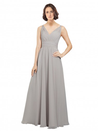 Oyster Argent Trapèze Col V Mousseline Longue Robes demoiselle d'honneur Pas Cher