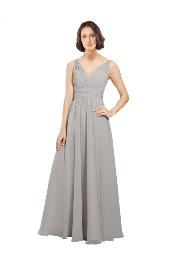 Oyster Argent Trapèze Col V Mousseline Longue Robes demoiselle d'honneur Pas Cher