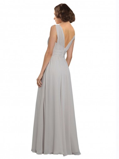 Oyster Argent Trapèze Col V Mousseline Longue Robes demoiselle d'honneur