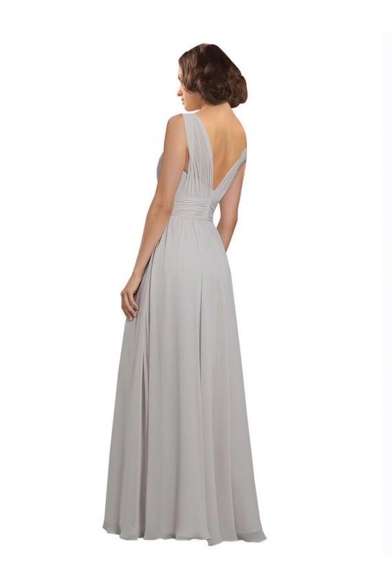 Oyster Argent Trapèze Col V Mousseline Longue Robes demoiselle d'honneur Pas Cher