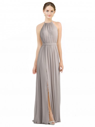 Oyster Argent Trapèze Licou Mousseline Longue Robes demoiselle d'honneur Pas Cher