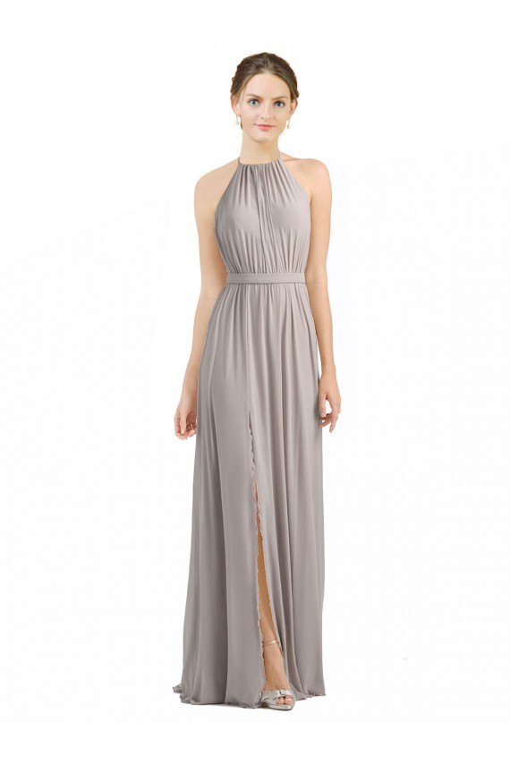 Oyster Argent Trapèze Licou Mousseline Longue Robes demoiselle d'honneur Pas Cher