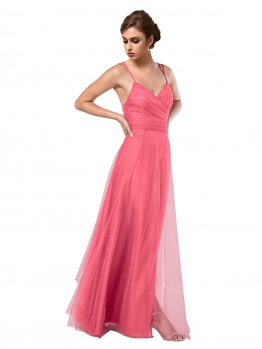 Pastèque Trapèze Bretelles spaghetti Tulle Longue Robes demoiselle d'honneur Pas Cher