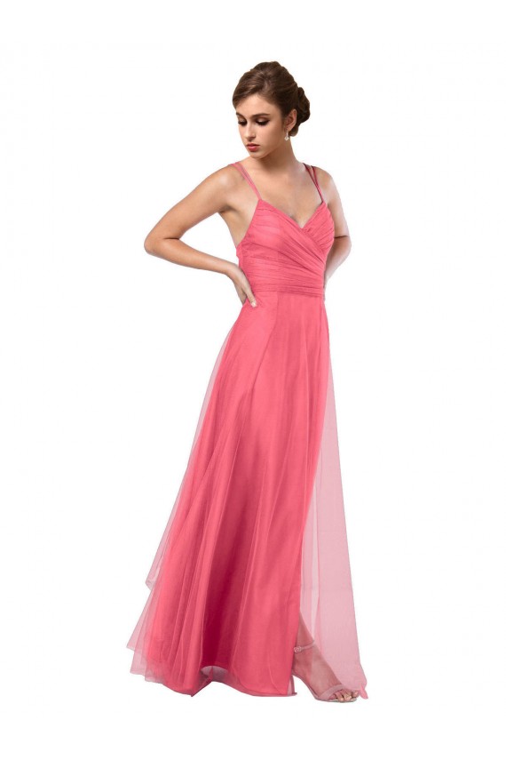 Pastèque Trapèze Bretelles spaghetti Tulle Longue Robes demoiselle d'honneur Pas Cher