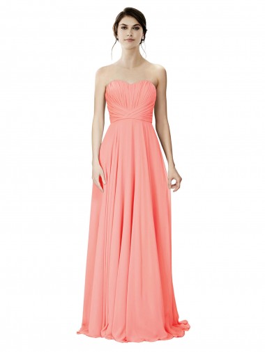 Peach Trapèze Sans bretelle Mousseline Longue Robes demoiselle d'honneur Pas Cher