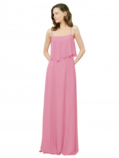 Peau Rose Trapèze Bretelles spaghetti Mousseline Longue Robes demoiselle d'honneur Pas Cher