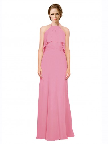 Peau Rose Trapèze Licou Col Haut Mousseline Longue Robes demoiselle d'honneur Pas Cher