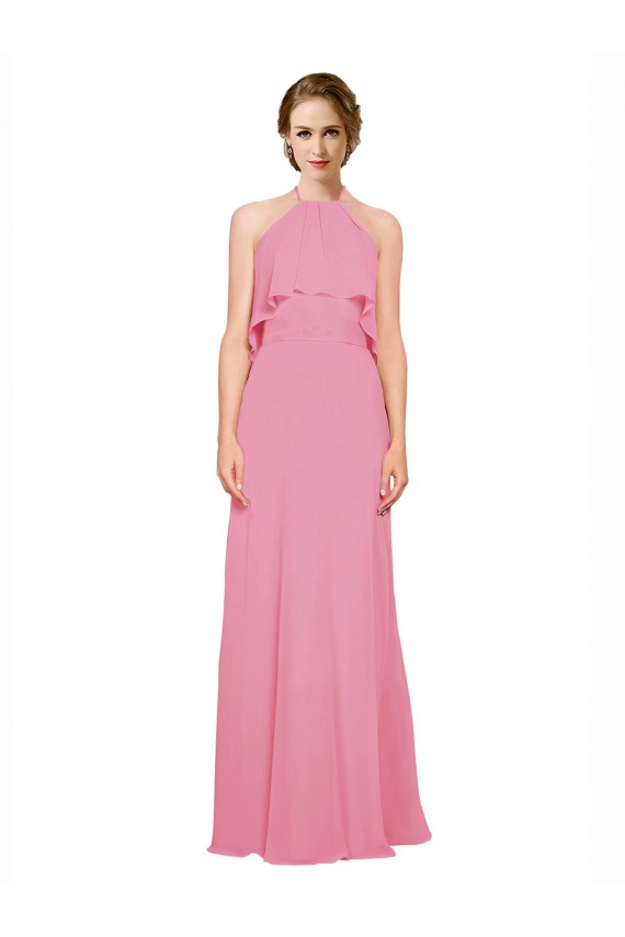 Peau Rose Trapèze Licou Col Haut Mousseline Longue Robes demoiselle d'honneur Pas Cher