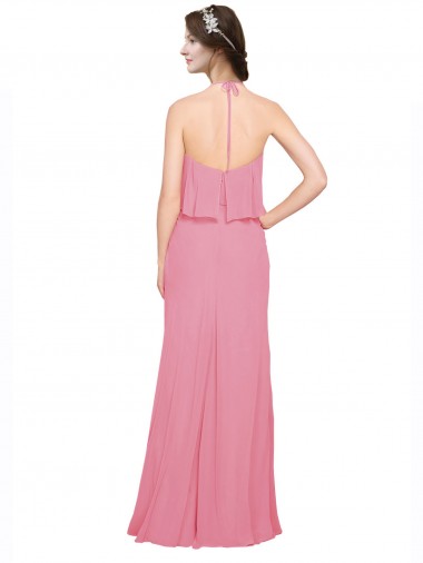 Peau Rose Trapèze Licou Col Haut Mousseline Longue Robes demoiselle d'honneur