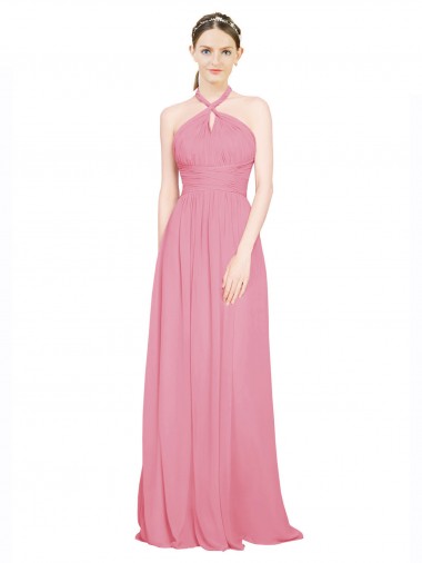 Peau Rose Trapèze Licou Col V Mousseline Longue Robes demoiselle d'honneur Pas Cher