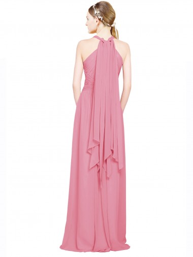 Peau Rose Trapèze Licou Col V Mousseline Longue Robes demoiselle d'honneur
