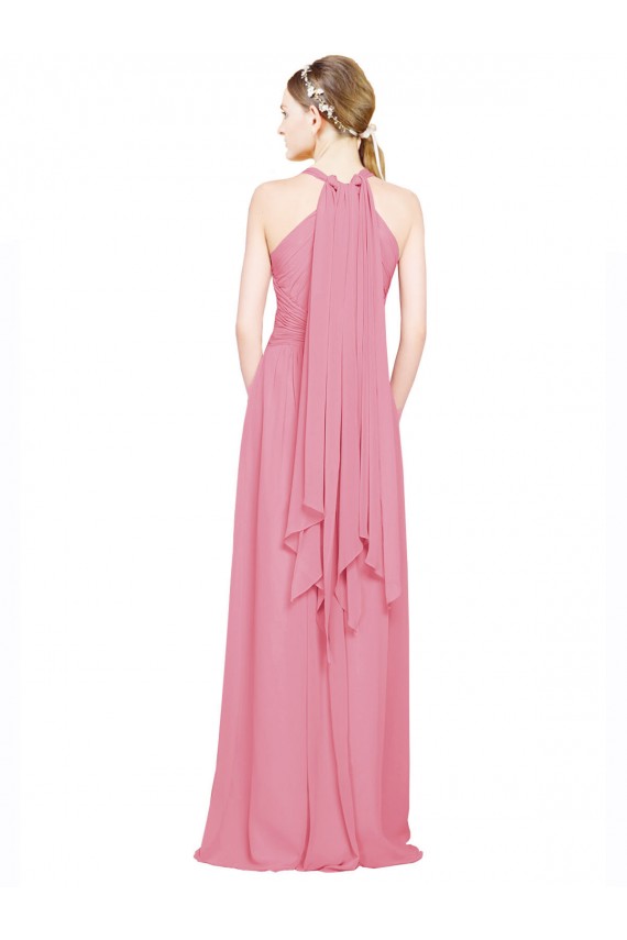 Peau Rose Trapèze Licou Col V Mousseline Longue Robes demoiselle d'honneur Pas Cher