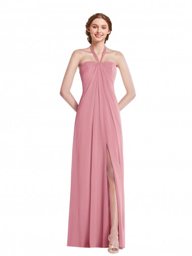 Peau Rose Trapèze Licou Mousseline Longue Robes demoiselle d'honneur Pas Cher