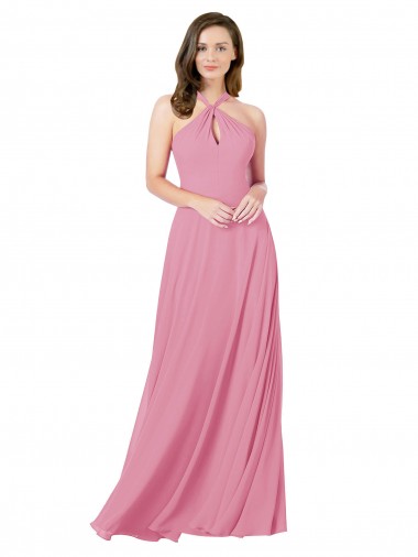 Peau Rose Trapèze Licou Mousseline Longue Robes demoiselle d'honneur / Robes de bal Pas Cher