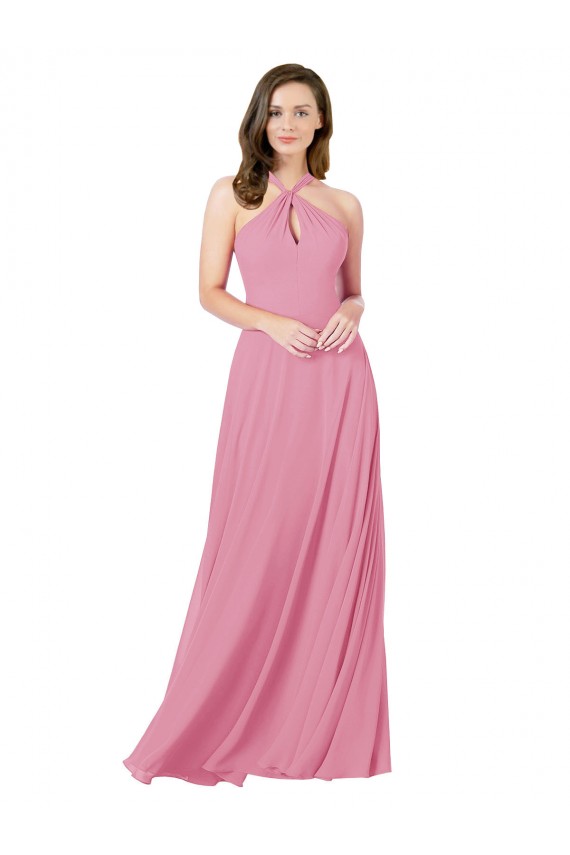 Peau Rose Trapèze Licou Mousseline Longue Robes demoiselle d'honneur / Robes de bal Pas Cher