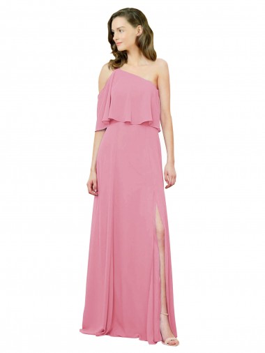 Peau Rose Trapèze Mousseline Longue Robes demoiselle d'honneur Pas Cher