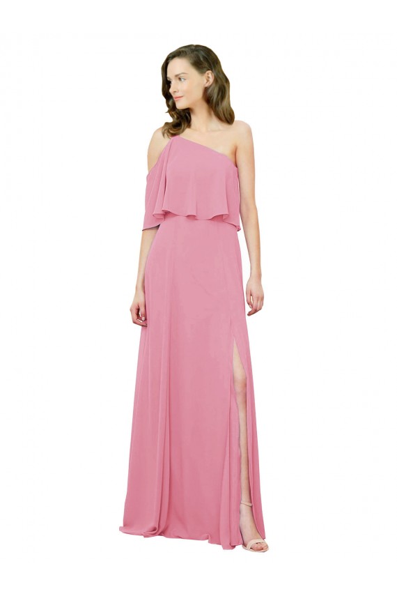 Peau Rose Trapèze Mousseline Longue Robes demoiselle d'honneur Pas Cher