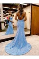 Periwinkle Fourreau Col V Balayage train Paillettes Velours Longue Robes de bal Pas Cher