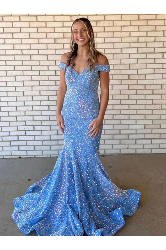 Periwinkle Sirène Épaule Dénudée Paillettes Velours Longue Robes de bal Pas Cher
