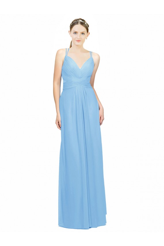 Periwinkle Trapèze Bretelles spaghetti Col V Mousseline Longue Robes demoiselle d'honneur Pas Cher