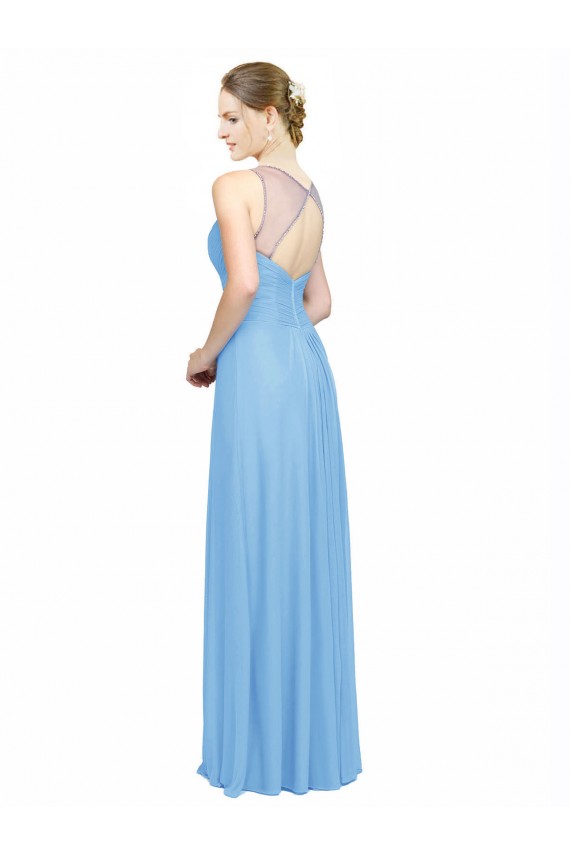 Periwinkle Trapèze Bretelles spaghetti Col V Mousseline Longue Robes demoiselle d'honneur Pas Cher