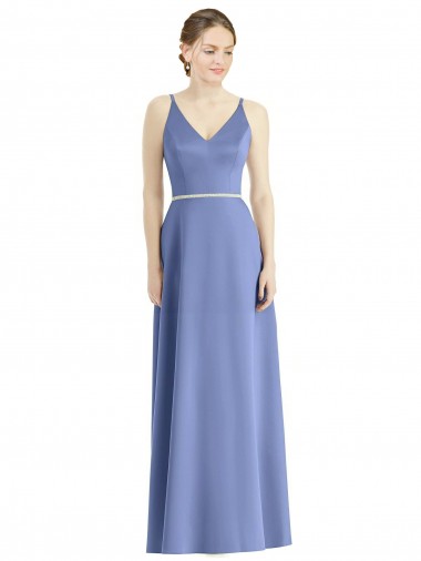 Periwinkle Trapèze Bretelles spaghetti Col V Satiné Longue Robes demoiselle d'honneur Pas Cher