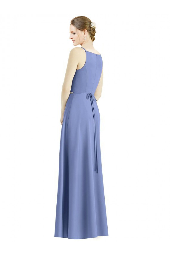 Periwinkle Trapèze Bretelles spaghetti Col V Satiné Longue Robes demoiselle d'honneur Pas Cher