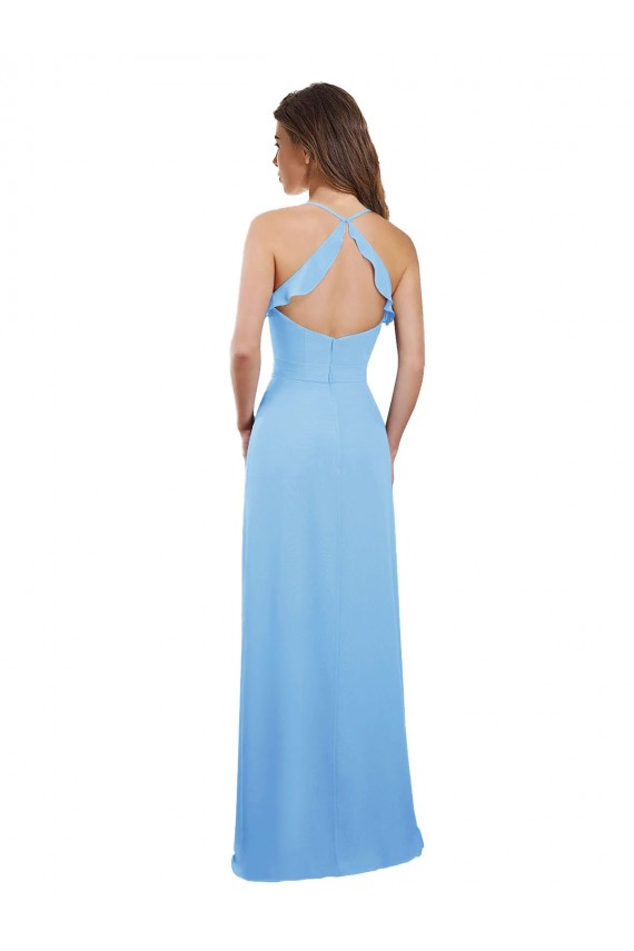Periwinkle Trapèze Bretelles spaghetti Mousseline Longue Robes demoiselle d'honneur Pas Cher