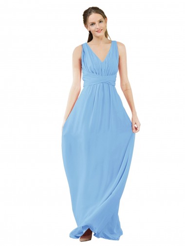 Periwinkle Trapèze Col V Mousseline Longue Robes demoiselle d'honneur Pas Cher