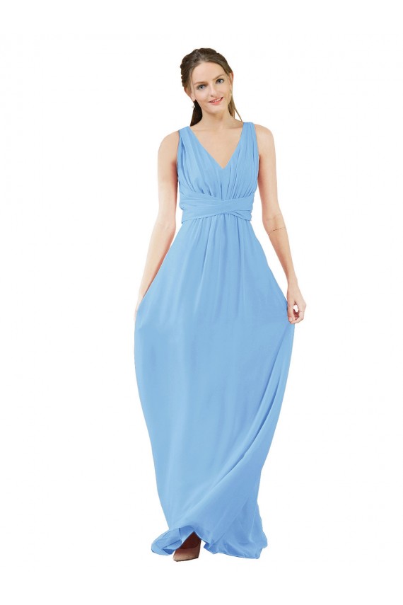 Periwinkle Trapèze Col V Mousseline Longue Robes demoiselle d'honneur Pas Cher