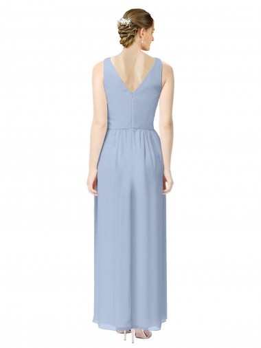 Periwinkle Trapèze Col V Mousseline Longue Robes demoiselle d'honneur