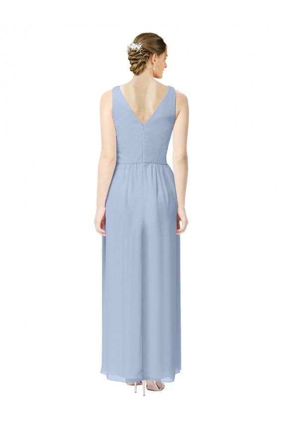 Periwinkle Trapèze Col V Mousseline Longue Robes demoiselle d'honneur Pas Cher