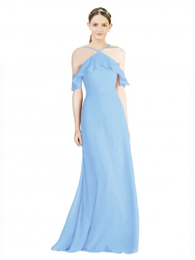 Periwinkle Trapèze Licou Mousseline Longue Robes demoiselle d'honneur Pas Cher