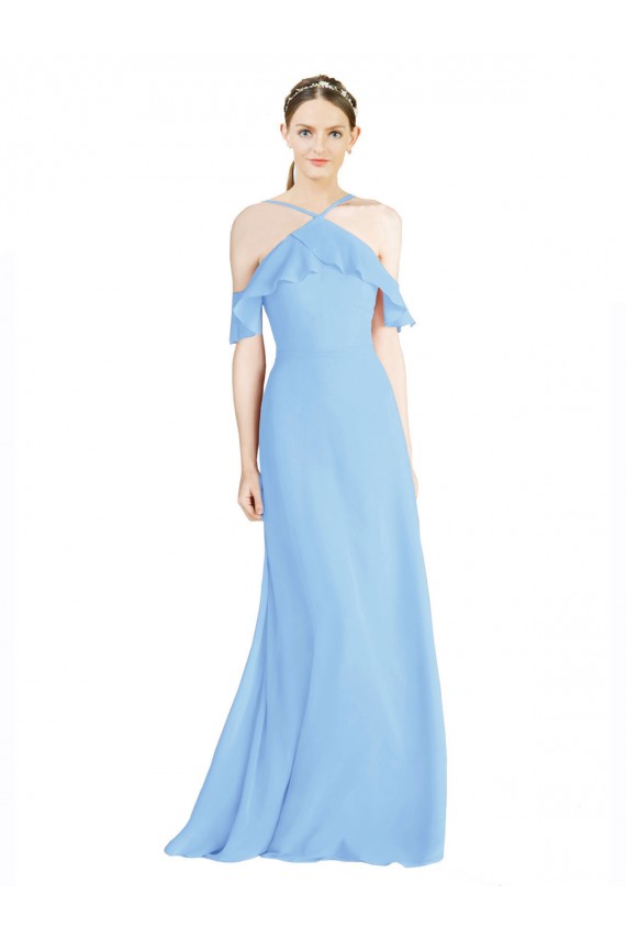 Periwinkle Trapèze Licou Mousseline Longue Robes demoiselle d'honneur Pas Cher