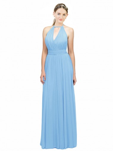 Periwinkle Trapèze Licou Mousseline Longue Robes demoiselle d'honneur Pas Cher