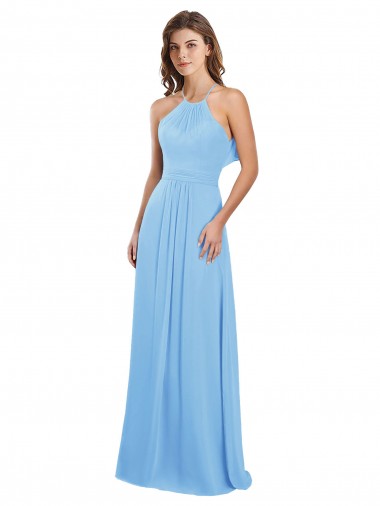 Periwinkle Trapèze Licou Mousseline Longue Robes demoiselle d'honneur Pas Cher