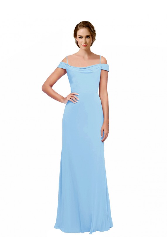 Periwinkle Trapèze Épaule Dénudée Bretelles spaghetti Mousseline Longue Robes demoiselle d'honneur Pas Cher