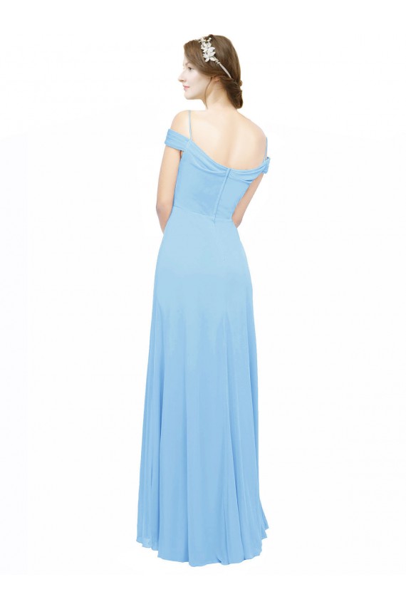 Periwinkle Trapèze Épaule Dénudée Bretelles spaghetti Mousseline Longue Robes demoiselle d'honneur Pas Cher
