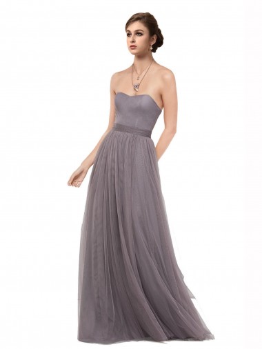 Pewter Trapèze Bretelles spaghetti Tulle Longue Robes demoiselle d'honneur Pas Cher
