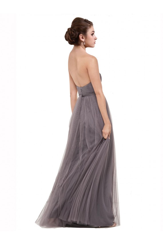 Pewter Trapèze Bretelles spaghetti Tulle Longue Robes demoiselle d'honneur Pas Cher