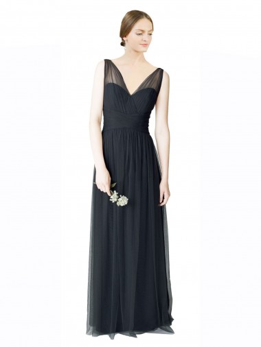 Pewter Trapèze Col V Tulle Longue Robes demoiselle d'honneur Pas Cher