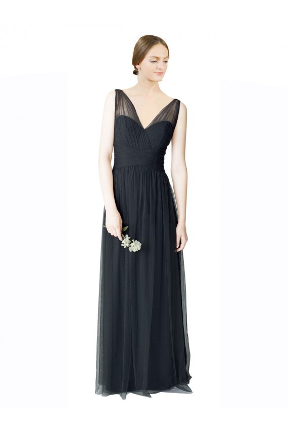 Pewter Trapèze Col V Tulle Longue Robes demoiselle d'honneur Pas Cher