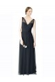 Pewter Trapèze Col V Tulle Longue Robes demoiselle d'honneur Pas Cher