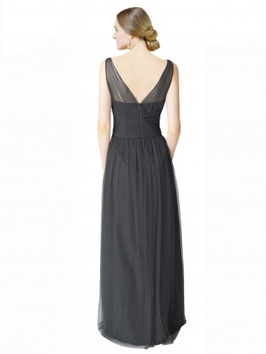 Pewter Trapèze Col V Tulle Longue Robes demoiselle d'honneur
