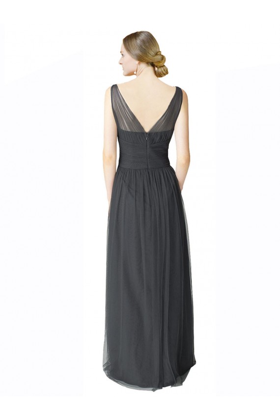 Pewter Trapèze Col V Tulle Longue Robes demoiselle d'honneur Pas Cher