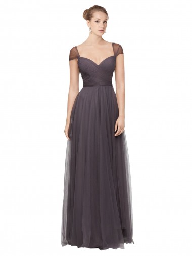 Pewter Trapèze Tulle Longue Robes demoiselle d'honneur Pas Cher